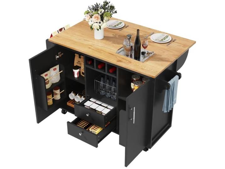 Îlot de cuisine Armoire buffet 120x73(45)x92cm Armoire Chariot de cuisine et plan de travail rabattable étagères réglables