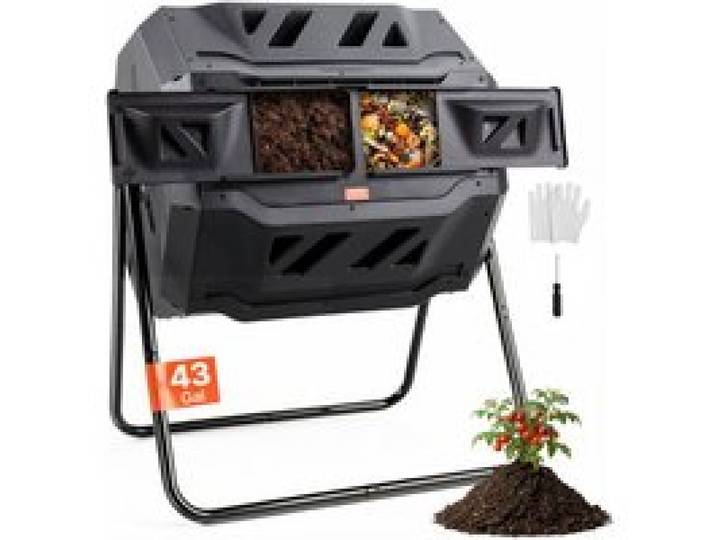 VEVOR Tumbling-Komposterbin Komposter Tumbler 162,7 L, Trommelkomposter Drehbar Doppelraum Tumbling Komposter 735 x 625 x 955 mm, 50 kg Belastbarer Garten Kompostbehälter inkl. Handschuhe