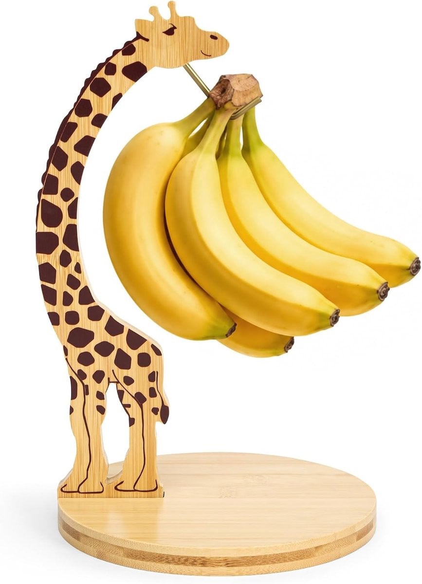 Bananenhouder in giraffe vorm van bamboe met metalen haak