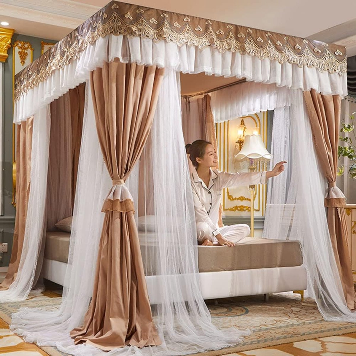 Wit Hemelbed Gordijn met Dubbellaags Ontwerp en Verstelbaar Frame voor Slaapkamer Decoratie