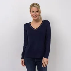 EVA LUTZ Pullover, Langarm V-Ausschnitt transparente Details figurumspielend
