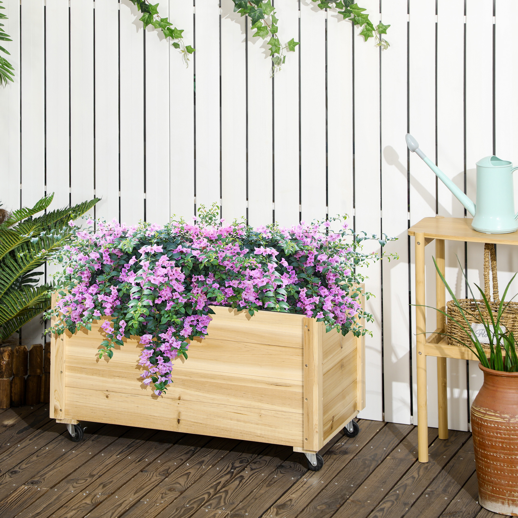 Outsunny Fioriera da Giardino con Foro di Drenaggio e Rotelle, in Legno di Abete, 89x48x47 cm Aosom