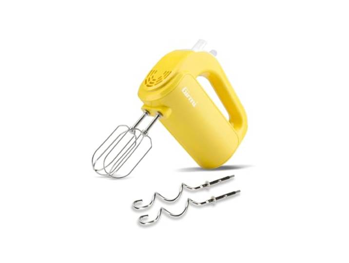 Girmi SB02 Elektrische handmixer, 170 W, garde van roestvrij staal voor het kloppen van room en eiwitten, turbo-functie, haak van roestvrij staal voor zoet en zoutdeeg, 5 snelheden, geel