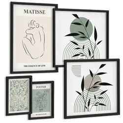 BILDER SET 5er Set - 50x50 cm & 20x30 cm & 40x60 cm Schwarzer Rahmen - Linien, Pflanzenmuster, Minimalismus