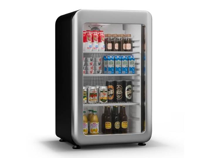 Klarstein Audrey Evo Getränkekühlschrank Mit Glastür - 95L Mini-Kühlschrank, Retro-Design, Doppelt Verglaste Tür, LED-Beleuchtung, 0-10 °C, Energieklasse C, Silber