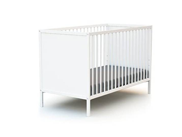 Webaby - Babybett Holz 60x120 Weiß ALBA 124 x 64,5 x 82 cm Holzbett 100% Massive Buche Verstellbarer Lattenrost in 3 Höhen