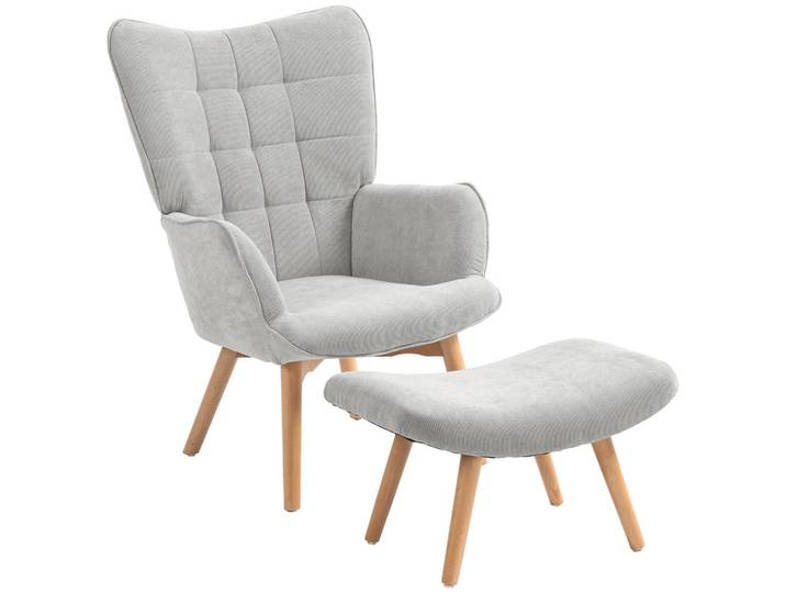 Homcom Ohrensessel mit Hocker, Relaxsessel, Polstersessel in Cord-Optik, mit Holzbeine, Grau, Buche, Füllung: Schaumstoff,Schaumstoff, 72x101x80 cm, Wohnzimmer, Sessel, Relaxsessel