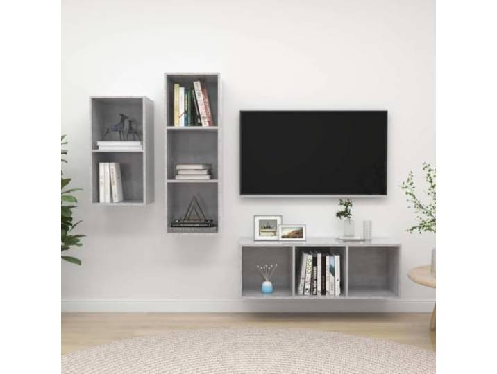 HEFZGDB 3-TLG. TV-Schrank-Set Betongrau Holzwerkstoff Wandmontage Stauraum Organizer