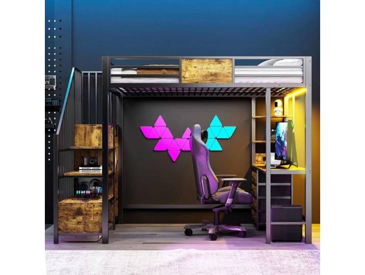 Lit mezzanine - DREAMMESPACE - 90x200cm - Noir - Bureau intégré - Éclairage LED - Rangement