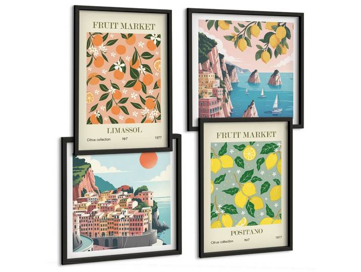 BILDER SET 4er Set - 50x50 cm & 40x60 cm Schwarzer Rahmen - Zitrusfrüchte der italienischen Tropen