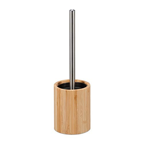 Relaxdays Siliconen toiletborstel met bamboe houder, beige/zilver