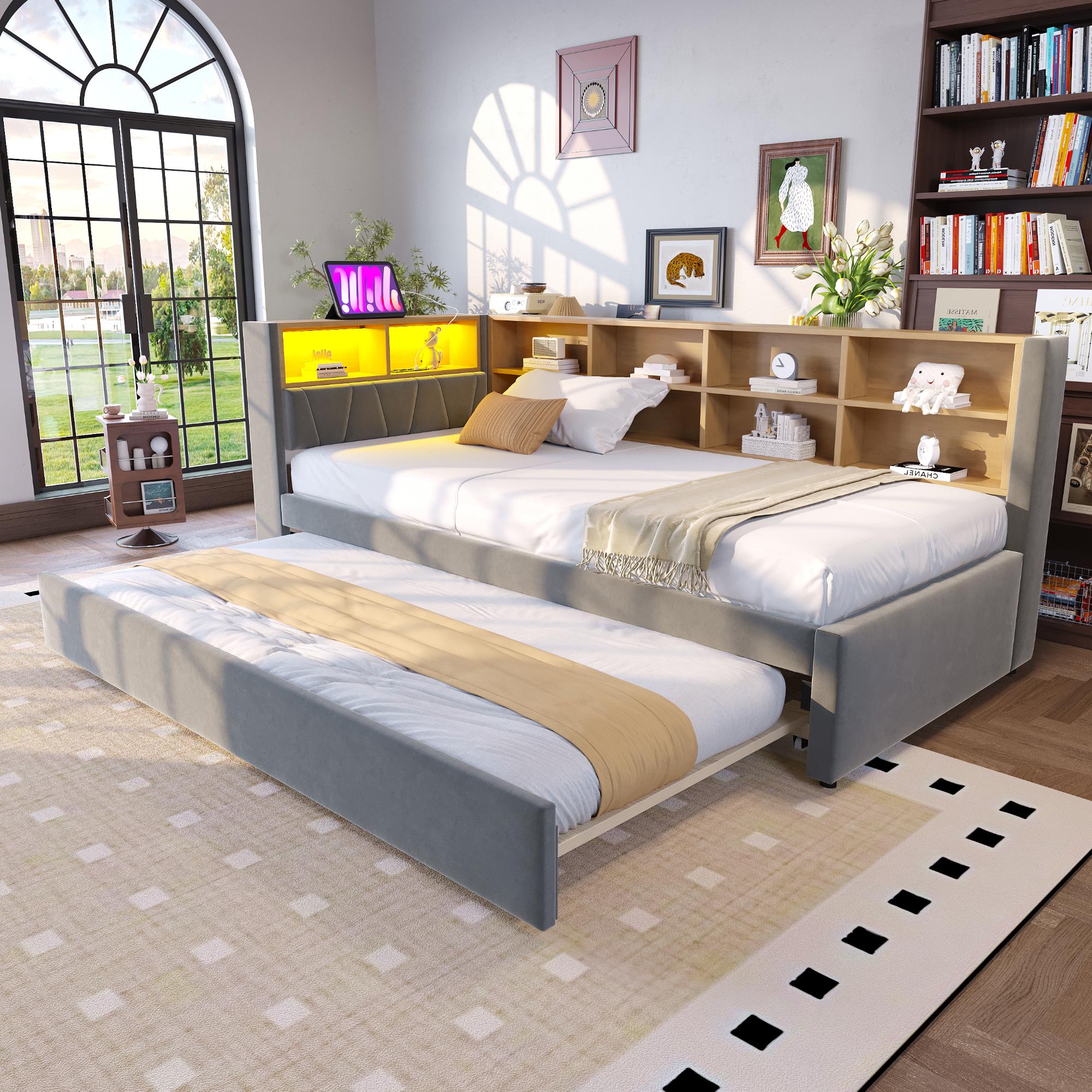 Schlafsofa 90x200 cm mit Ausziehbett 90x190 cm, LED-Beleuchtung, USB/USB-C, Steckdosen und Stauraumfächern, Flanell, Dunkelgrau