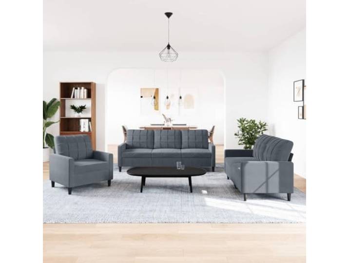 KTHLBRH Sofa-Set, 3-teilig, Samt, Dunkelgrau Gestell aus robustem Metall, Polsterung aus Schaumstoff, modernes Design, 1 Sofa, 1 2-Sitzer-Sofa, 1 3-Sitzer-Sofa