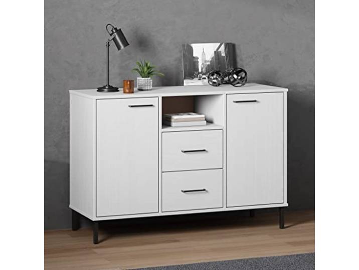 HEFZGDB Praktisches Sideboard mit Fächern und Schubladen, viel Stauraum und Metallfüßen aus massivem Kiefernholz im industriellen Design mit robuster, Stabiler Oberplatte in Weiß