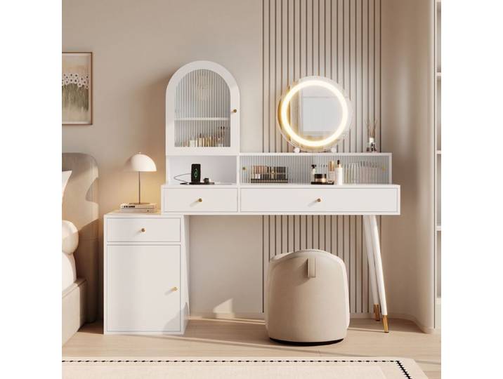 Coiffeuse avec miroir LED - Miroir LED intégré avec trois températures de couleur - Ports USB et Type-C pour chargement