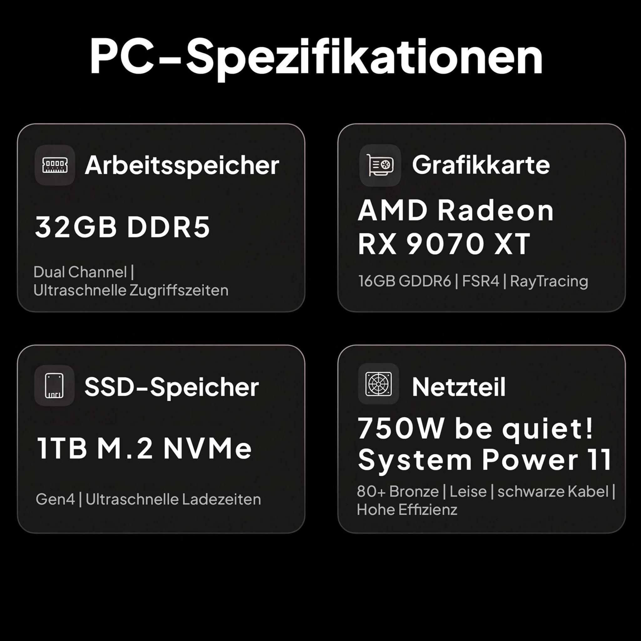 gamingpc24 High-End Gaming PC - AMD RX 9070 XT 16GB - AMD Ryzen 9 9950X3D - 32GB DDR5 - 2TB NVMe SSD - WLAN & Bluetooth - schwarz