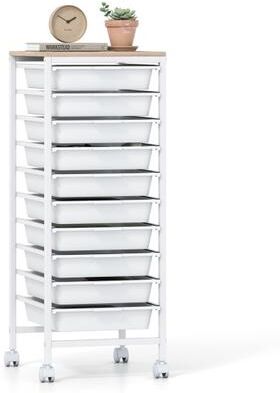 Costway 10-Drawer Rolling Storage Cart Mobile Utility Organizer with Wooden Tabletop and Lockable Wheels-White