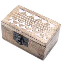 White Washed Wooden Box - 3x1.5 Pill Box Aztec Design