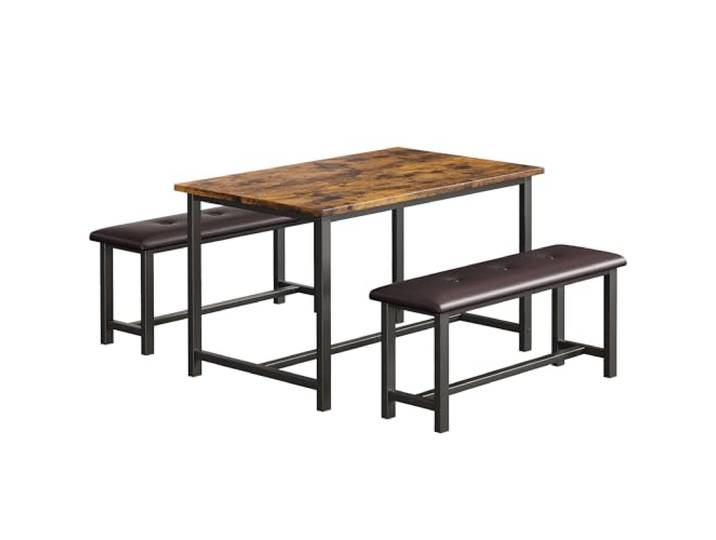 IDEALHOUSE Platzsparende Essgruppe 3-teilig für 4 Personen Rechteckiger Küchentisch mit 2 gepolsterten Sitzbänken, Metall-Holz im Industrial/Farmhouse-Stil, für kleine Räume, Wohnung