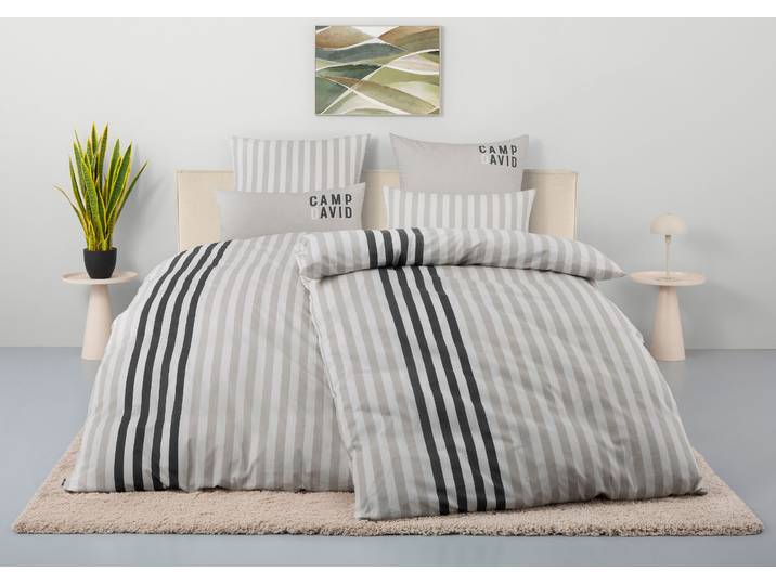 Bettwäsche CAMP DAVID Levvi , grau, B/L: 135cm x 200cm, 1 Stk., 1 Stk., Renforcé, B/L: 80cm x 80cm, 3 tlg., Renforcé, Obermaterial: 100% Baumwolle, Bettwäsche, Bettwäsche, NEUHEIT Bettwäsche ab 135x200cm, mit Streifen & Logo-Print