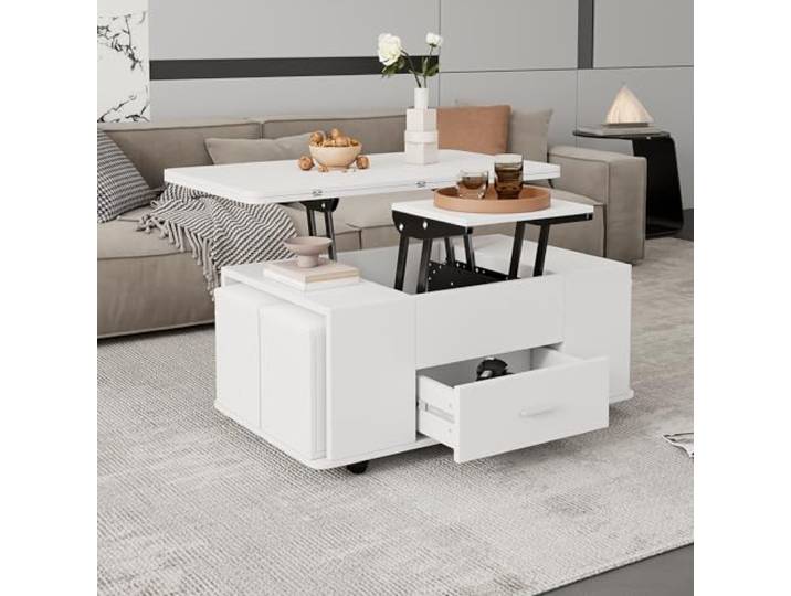 Merax Couchtisch, höhenverstellbarer Wohnzimmertisch, Multifunktions-Kaffeetisch mit Schubladen & Rollen & Hocker, Umwandelbar in Esstisch, Sofatisch mit Erweiterbarer Desktop, für Homeoffice, Weiß