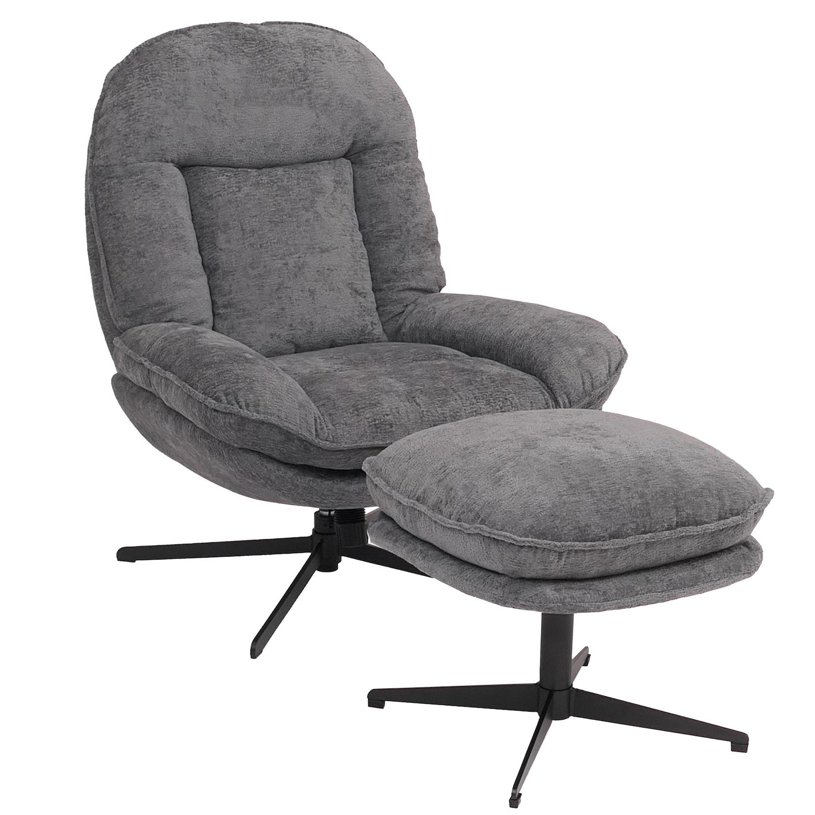 Relaxsessel mit Hocker MCW-P32, Fernsehsessel Nosagfederung, drehbar Metall Stoff/Textil Chenille (370 g/m²) ~ grau