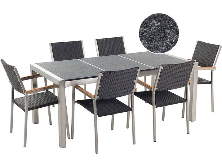 BELIANI Gartenmöbel Set Schwarz Granit Edelstahl Tisch 180 cm mit 3 Platten Geflammt 6 Rattanstühle Terrasse Outdoor Modern