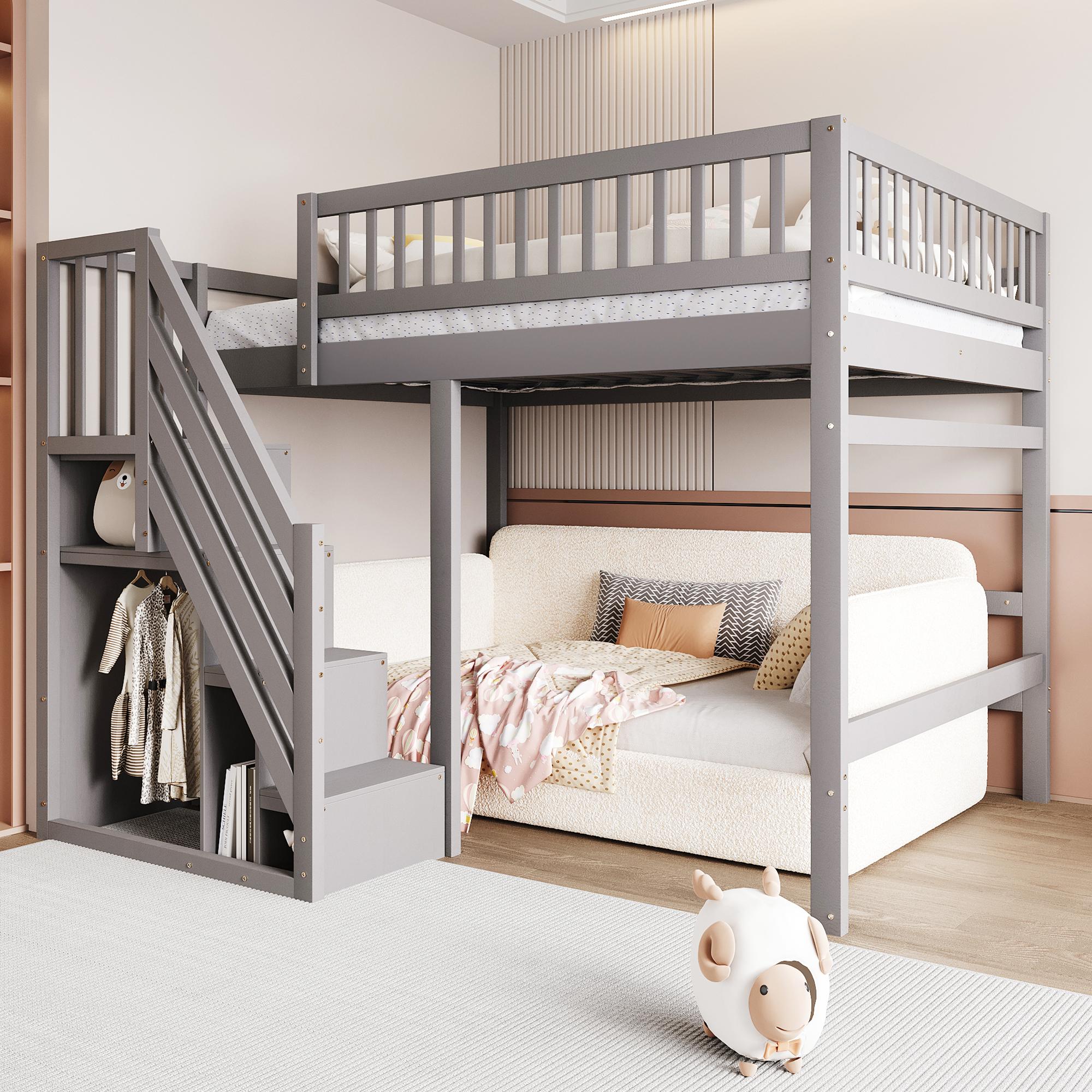 Massivholzbett 140*200 mit Treppe mit Stauschrank, hohem Geländer, Kinderbett, Jugendbett, Massivholzbettgestell, Grau