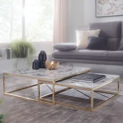 Couchtisch 2er Set FineBuy Satztisch Weiß Marmor Optik Modern Metallgestell