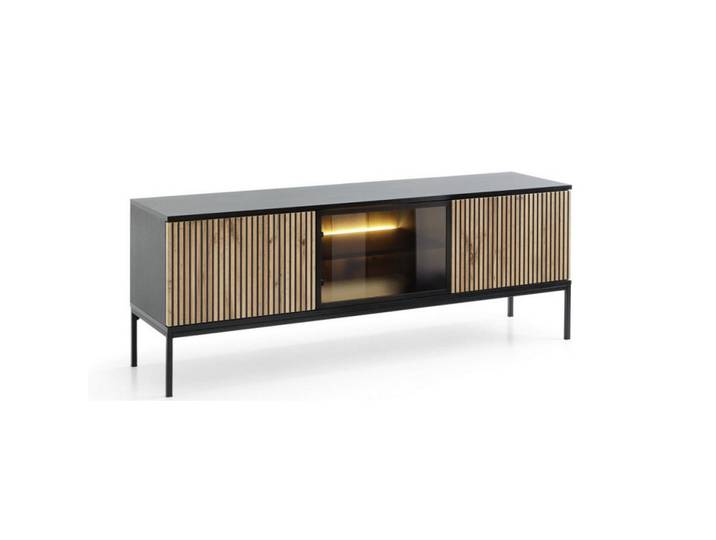 Sepro Meble Tv-Lowboard Rtv-Schrank Weiß Santi Mit Lamellen Und LED-Beleuchtung, Mehrfarbig, 154x56x39 cm, Wohnzimmer, TV Möbel, Lowboards, Lowboards stehend