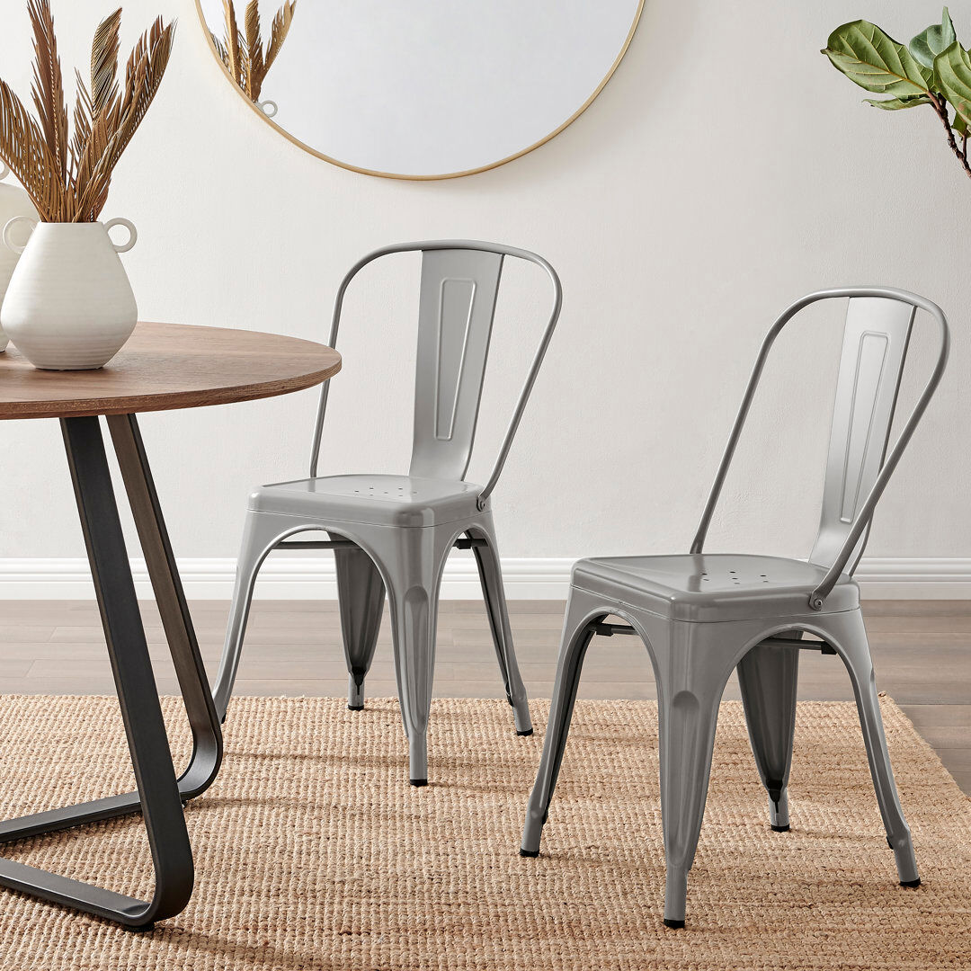 Borough Wharf Honora Classic Industrial Metal Dining Chair - Style Bold Colour Stackable Side Chair Grey 84cm H X 45cm W X 51cm D