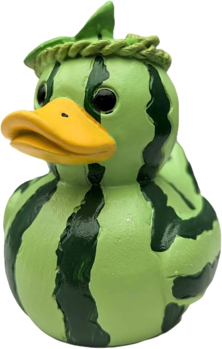 Decoratief eend beeldje van hars in groen en rood, Hoogte: 7 cm