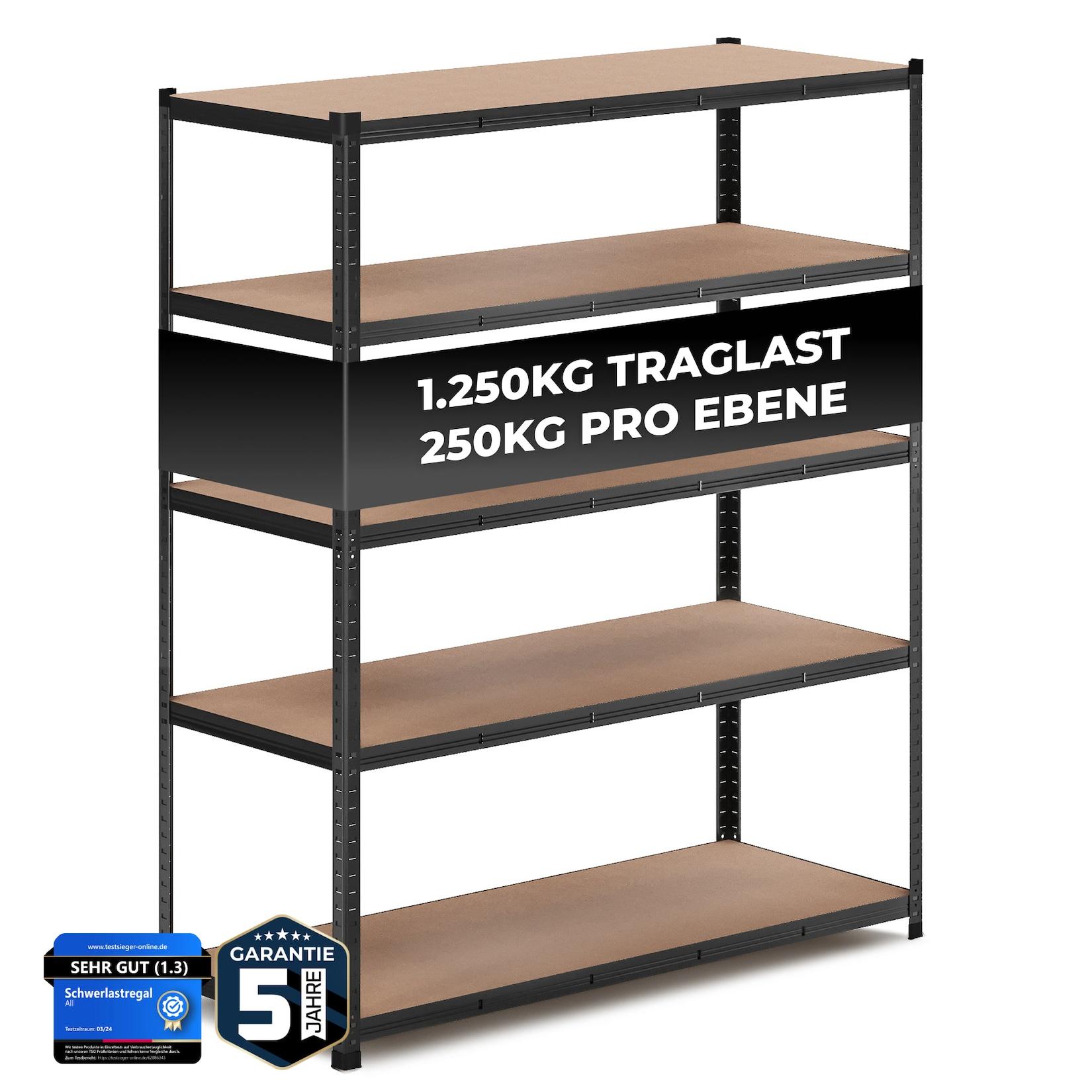ALLSHELF Premium Schwerlastregal 180x150x60cm Schwarz – Bis 1250 kg belastbar, höhenverstellbar, Stecksystem, ideal für Lager, Garage & Keller