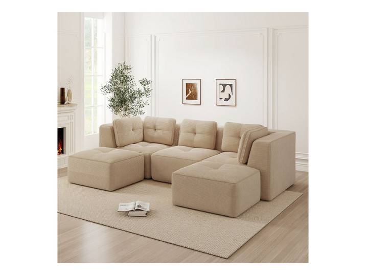 Odikalo Sofa Ecksofa Schlafsofa Modulares Sofa, Cord, Knochenloses, U-förmiges Ecksofa mit Ottomane, geeignet für das Wohnzimmer, keine Montage erforderlich