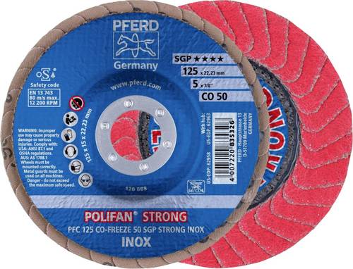 PFERD TOOLS 67789125PFC 125 CO-FREEZE 50 SGP STRONG INOX Fächerschleifscheibe Durchmesser 125mm Bohrungs-Ø 22.23mm Körnung (num)