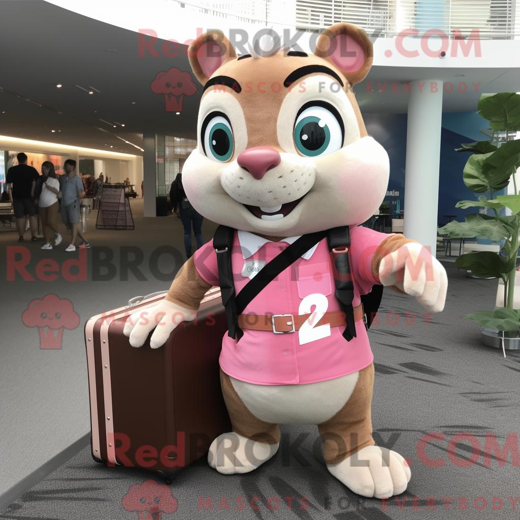 Maskottchen-Charakter REDBROKOLY eines rosa Streifenhörnchens mit Tanktop und Aktentasche