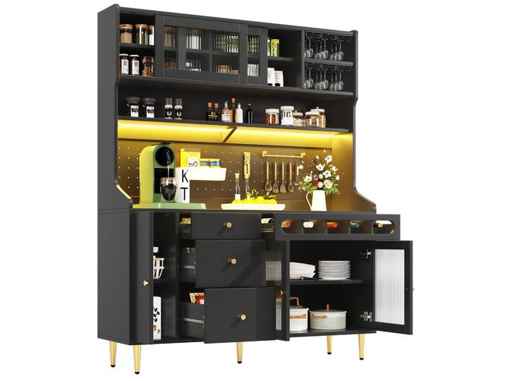 Flora Grace Buffet 145/39/171 cm in Schwarz mit LED-Beleuchtung und Weinregal, Glas, 145x171x39 cm, Esszimmer, Anrichten, Buffetschränke