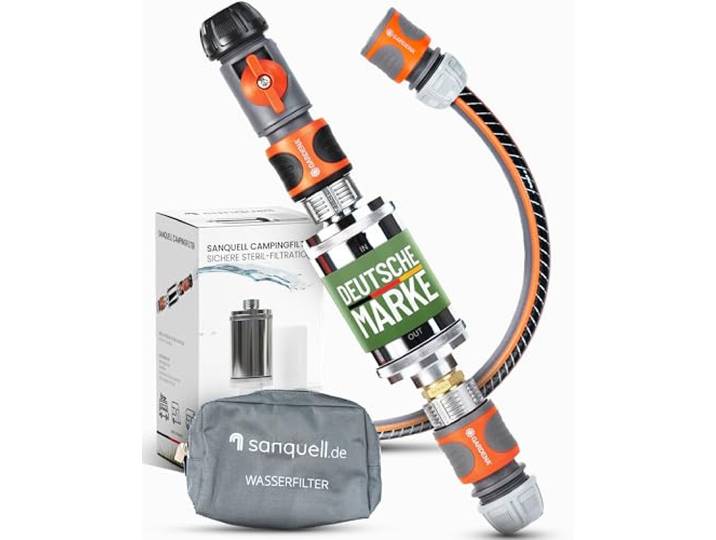 sanquell Explorer Wasserfilter für Wohnmobil, Wohnwagen, Boot, Sterilfilter Keimsperre, 0,1 µm Membran aus der Medizintechnik, bis 10 l/min, ca. 6.000 l, Metallgehäuse, inkl. Tasche