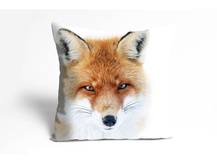 Dekokissen QUEENCE Joleen , rot (rot, bedruckt), B:40cm L:40cm, Polyester, Dekokissen_Sitzkissen_Kissenhüllen, Dekokissen, Kissenhülle,Fuchskopf,Fuchs,Tiermotiv,Waldtier,Gezeichnet,Naturmotiv