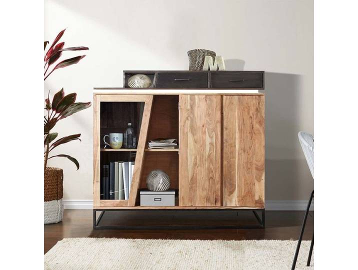 Wolf Möbel Stadium Highboard mit Beleuchtung 145x40x140cm Massivholz Akazie H:140cm/B:145cm/T:40cm Akazie/Stone