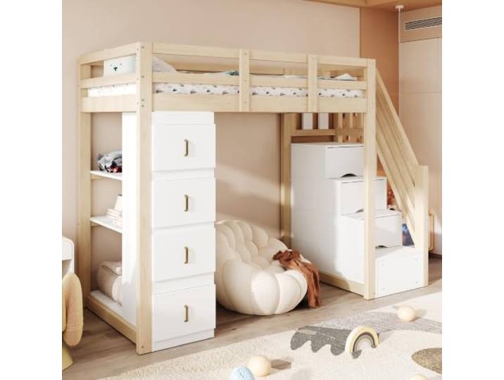 BXEYXE Hochbett 90 x 200 cm mit Stauraumschubladen, Mehrstöckigem Regal, Sicherer Leiter Mit Stauraumschubladen, Multifunktionales Massivholzbett, Holzfarbe.