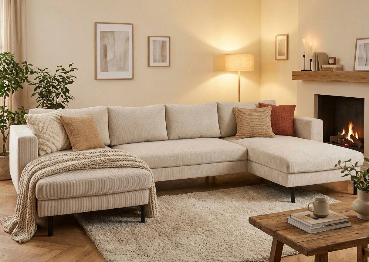 Wohnlandschaft TRENDMANUFAKTUR "Amazing II, wahlw. mit Schlaffunktion & Bettkasten, Fuss schwarz", beige (cannoli cream), B:305cm H:81cm T:161cm, Sofas, Wohnlandschaft, Sofa in U-Form, in Cord, Struktur LEO o. Struktur LINO, Breite 305 cm cannoli cream B/