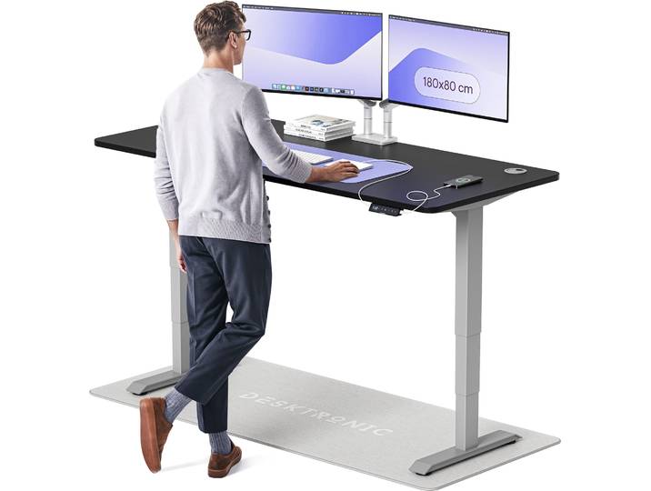 Desktronic HomePro Bureau électrique réglable en hauteur 180x80cm gris/noir avec fonction mémoire\, technologie anti-collision\, ports de charge USB-A et USB-C