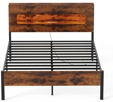 Costway Slatted Full Bed Frame with LED Lights and Storage Headboard No Box Spring Needed-Full Size