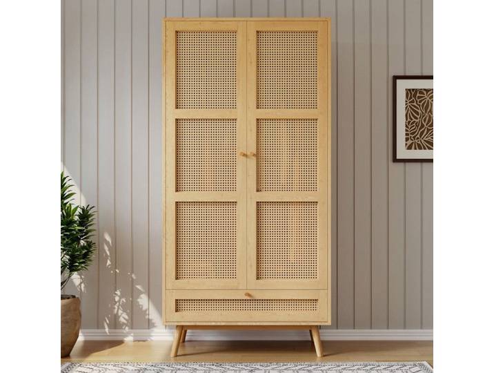 Bladez - Armoire à Chambre Armoire-penderie à 2 portes + tiroir - Effet rotin chic - 90x45x153 cm - Bois