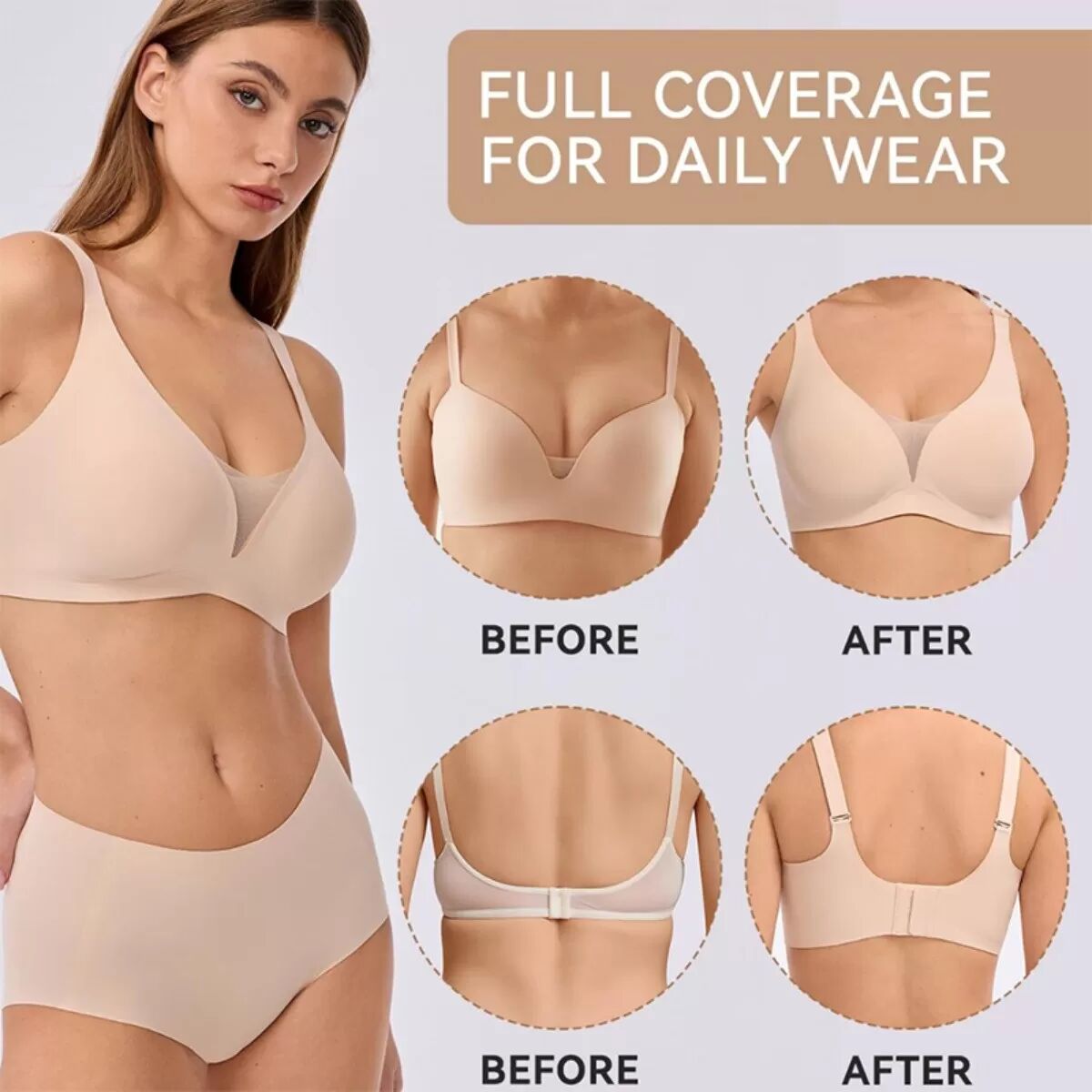 INF Nahtloser atmungsaktiver Stütz-BH für große Größen - Deep V Lift, weiche Unterstützung, mehrere Farben & Größen L Haut