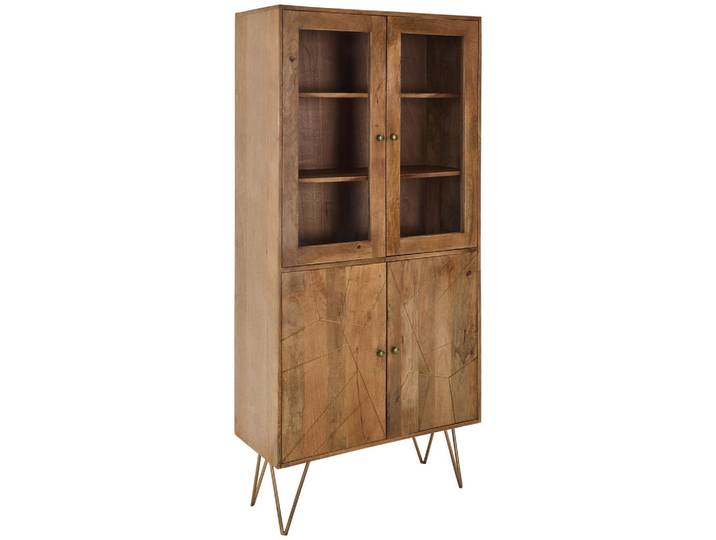 Landscape Vitrine, Natur, Gold, Metall, Mangoholz, massiv, 3 Fächer, 86x180x39 cm, Typenauswahl, Beimöbel erhältlich, stehend, Holzmöbel, Holzschränke, Vitrinen Holz, Vitrinenschränke Holz