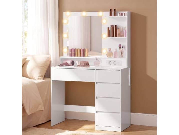 VASAGLE Kailyn Kollektion - Schminktisch mit Spiegel und LED-Leuchten, Steckdosenleiste, 9 Schubladen, 9 dimmbare Glühbirnen, 3 Lichtfarben, werkzeuglose Gleitschienen, wolkenweiß RDT241WB01
