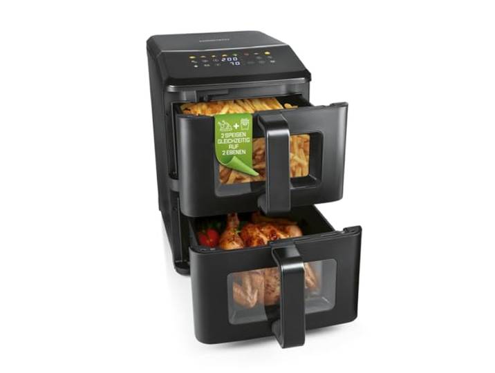 GOURMETmaxx FryUp vertikale Doppelkammer Heißluftfritteuse mit Sichtfenster - 10 L Airfryer mit 9,8 Zoll Multi-Colour LED-Touchdisplay & 11 Programmen Heißluftfritteuse 2 Kammern mit Oberhitze
