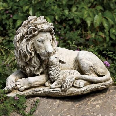 Roman Inc/Drop Ship Lion and Lamb Garden Statue Weathered Stone , Weathered Stone